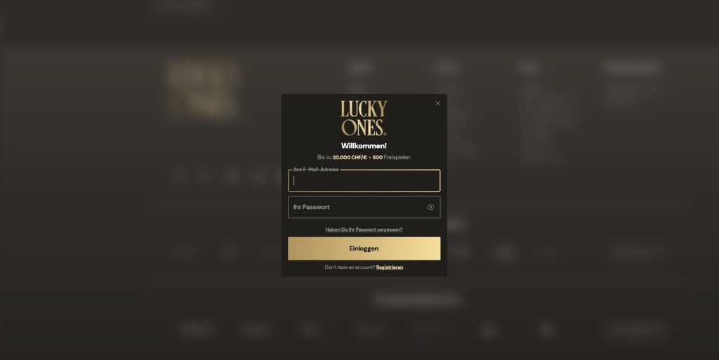 Lucky Ones Casino login page on desktop device